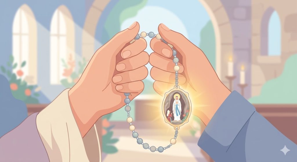 Introduction au Chapelet de Lourdes - des mains égrenant doucement un chapelet avec une médaille de Lourdes lumineuse